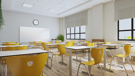 Classroom design with modern desks, yellow seats, watch 3D rendering - HR Answers, Inc - HR Answers, Inc